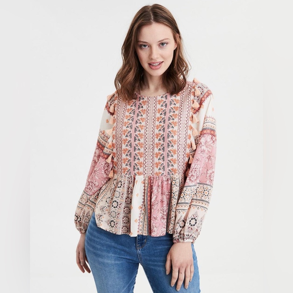 American Eagle Women Pink Long Sleeve Embroidered Blouse